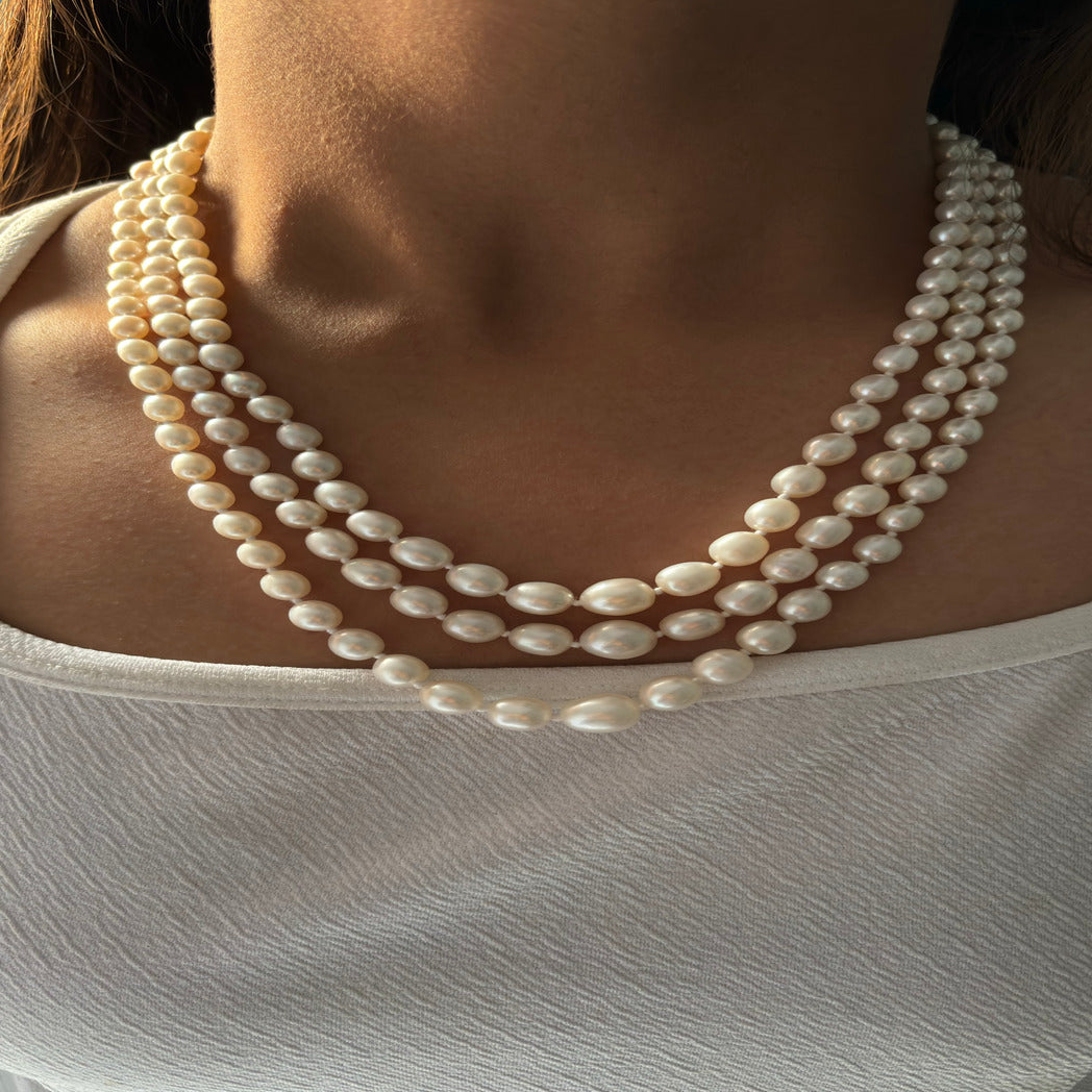 3 Layar Pearl Necklace in Rice Shape in Good Shine