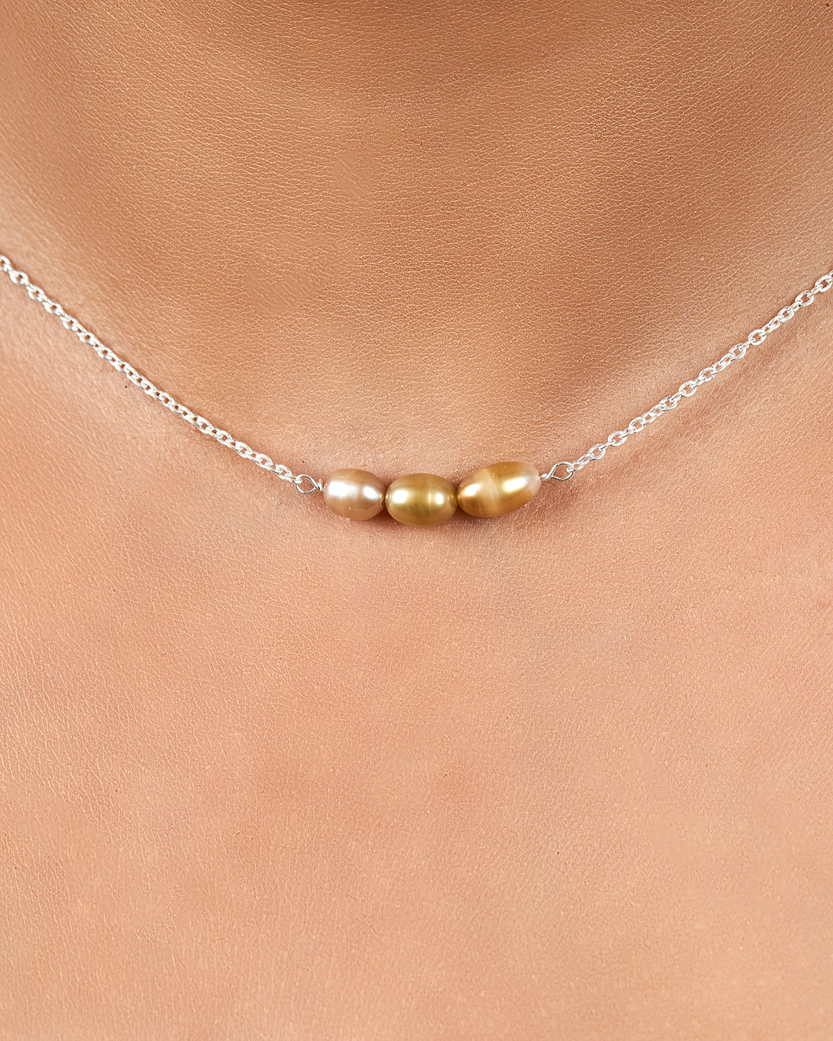 Three-Piece Rice-Shaped Pearl Choker Necklace